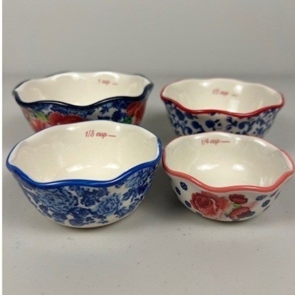 Pioneer Woman Heritage Floral Stoneware Nesting Measuring Bowl Set of 4 Blue Red - Picture 2 of 8
